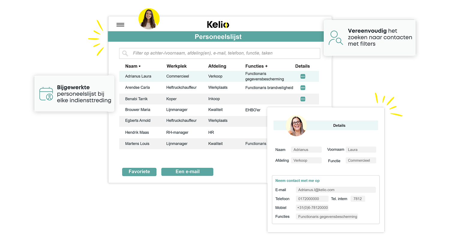Kelio-adresboekinterface om via filters te zoeken naar contactpersonen van medewerkers van het bedrijf